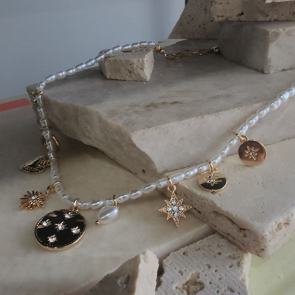 14k Gold Plated Vintage Charm Pearl Strand Necklace