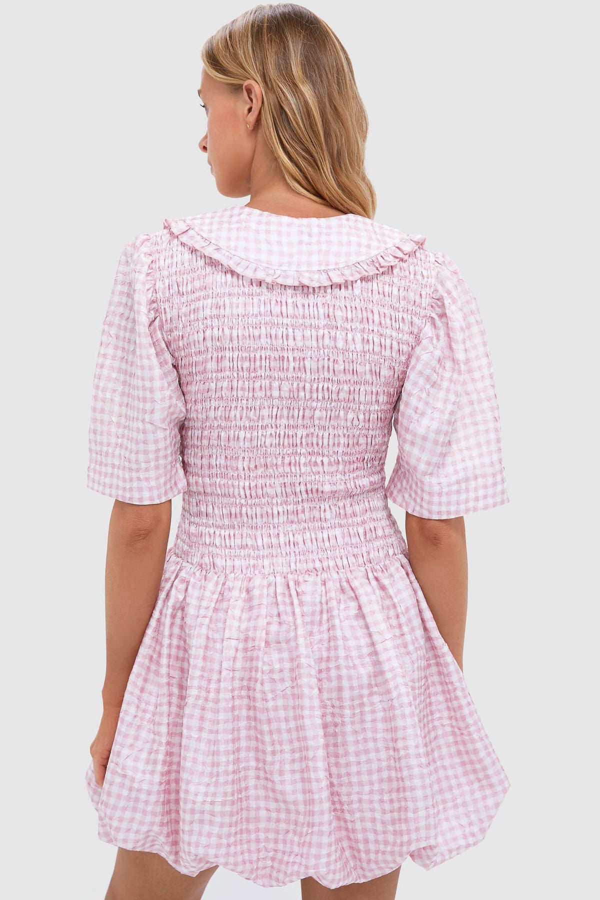Bleached Mauve Shibori Pleat Mini Smock Bubble Dress