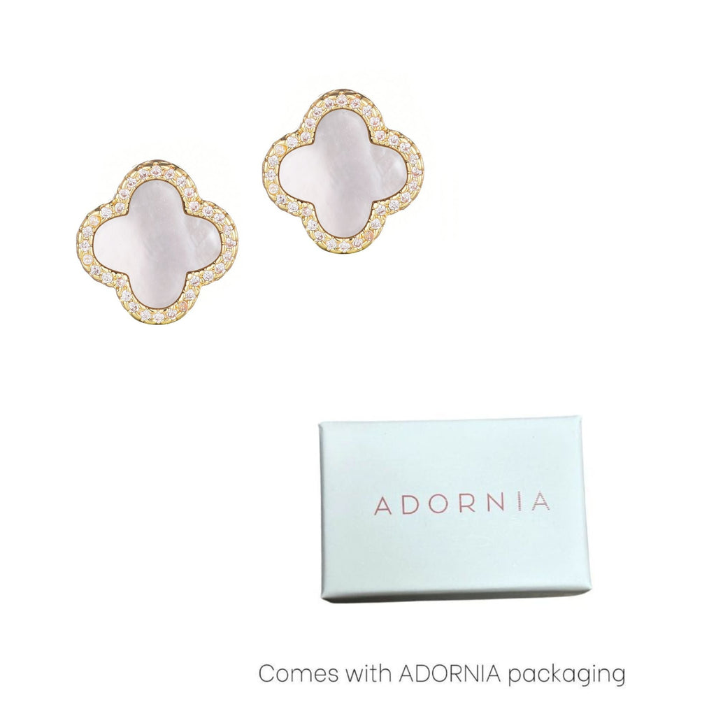 14k Gold Plated Mother of Pearl Halo CZ Clover Stud Earrings