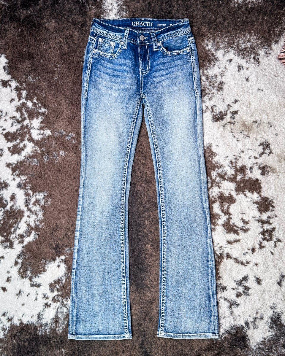 Dakota Jewel Bootcut Jeans in Medium Wash by Grace in LA