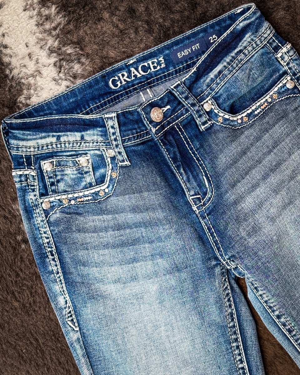 Dakota Jewel Bootcut Jeans in Medium Wash by Grace in LA