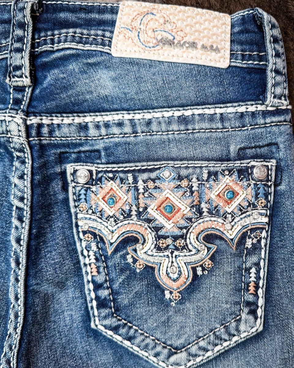 Dakota Jewel Bootcut Jeans in Medium Wash by Grace in LA
