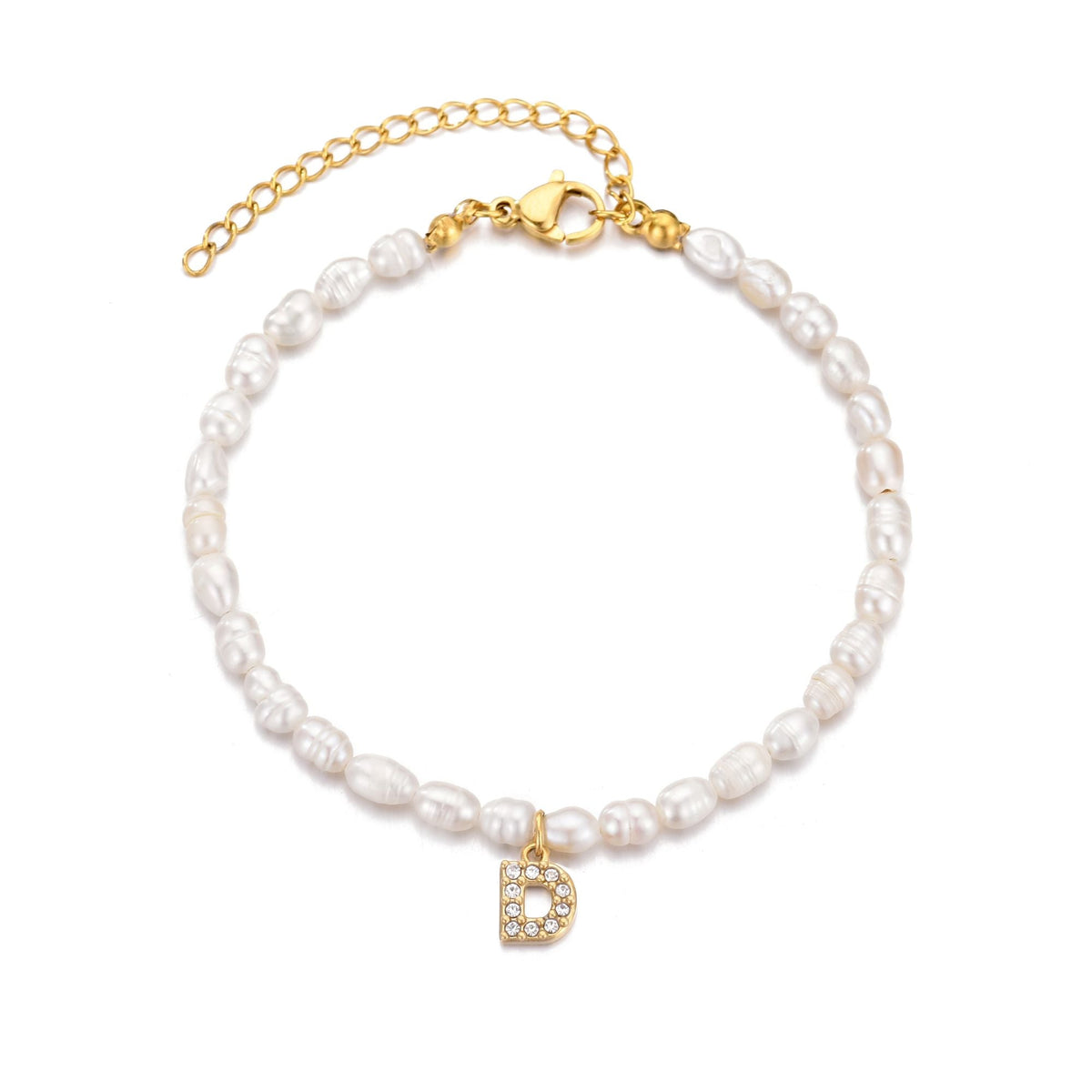 14k Gold Plated Freshwater Pearl with Pave Letter Bracelet