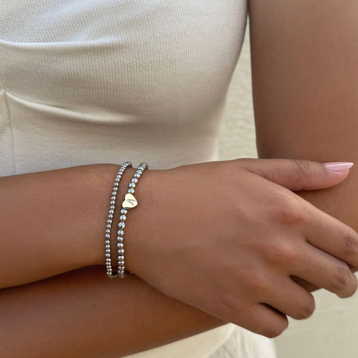 Silver Plated Ball Bead Initial Bracelet Set