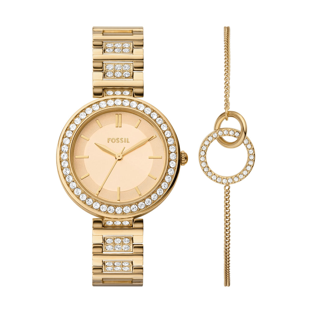Fossil Women's Karli 32mm Three-Hand, Gold-Tone Alloy Watch and Bracelet Set
