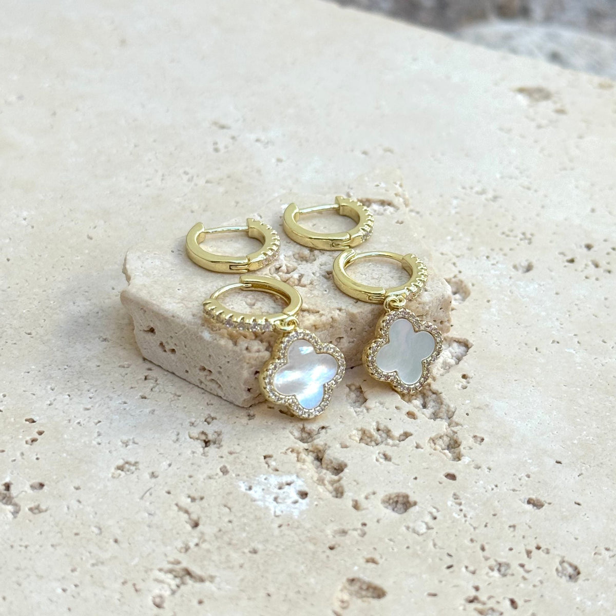 14k Gold Plated Halo White Mother of Pearl Clover CZ Huggie Set