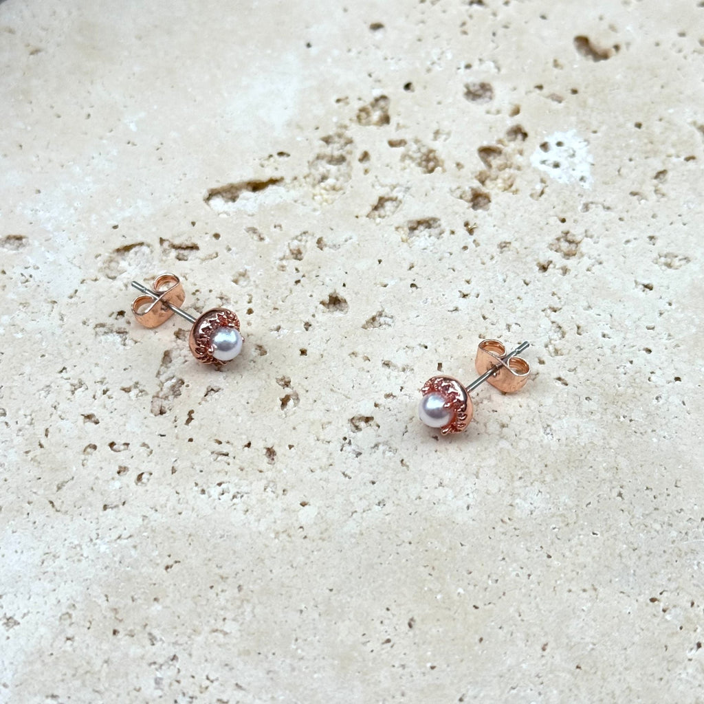 14k Rose Gold Plated Freshwater Pearl CZ Halo Stud Earrings