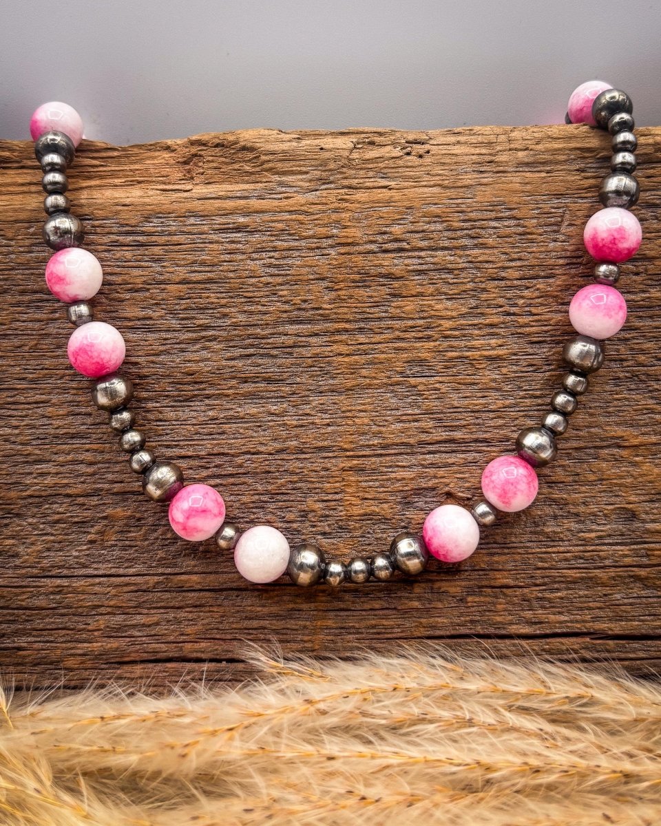 Desert Rose Dyed Jade and German Silver Bead Necklace