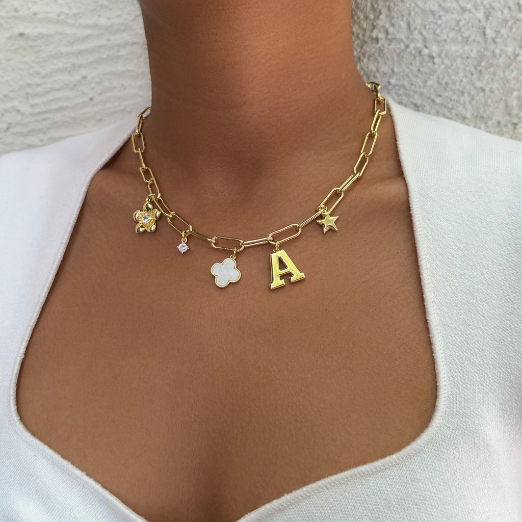 14k Yellow Gold Plated Initial Chunky Charm Necklace