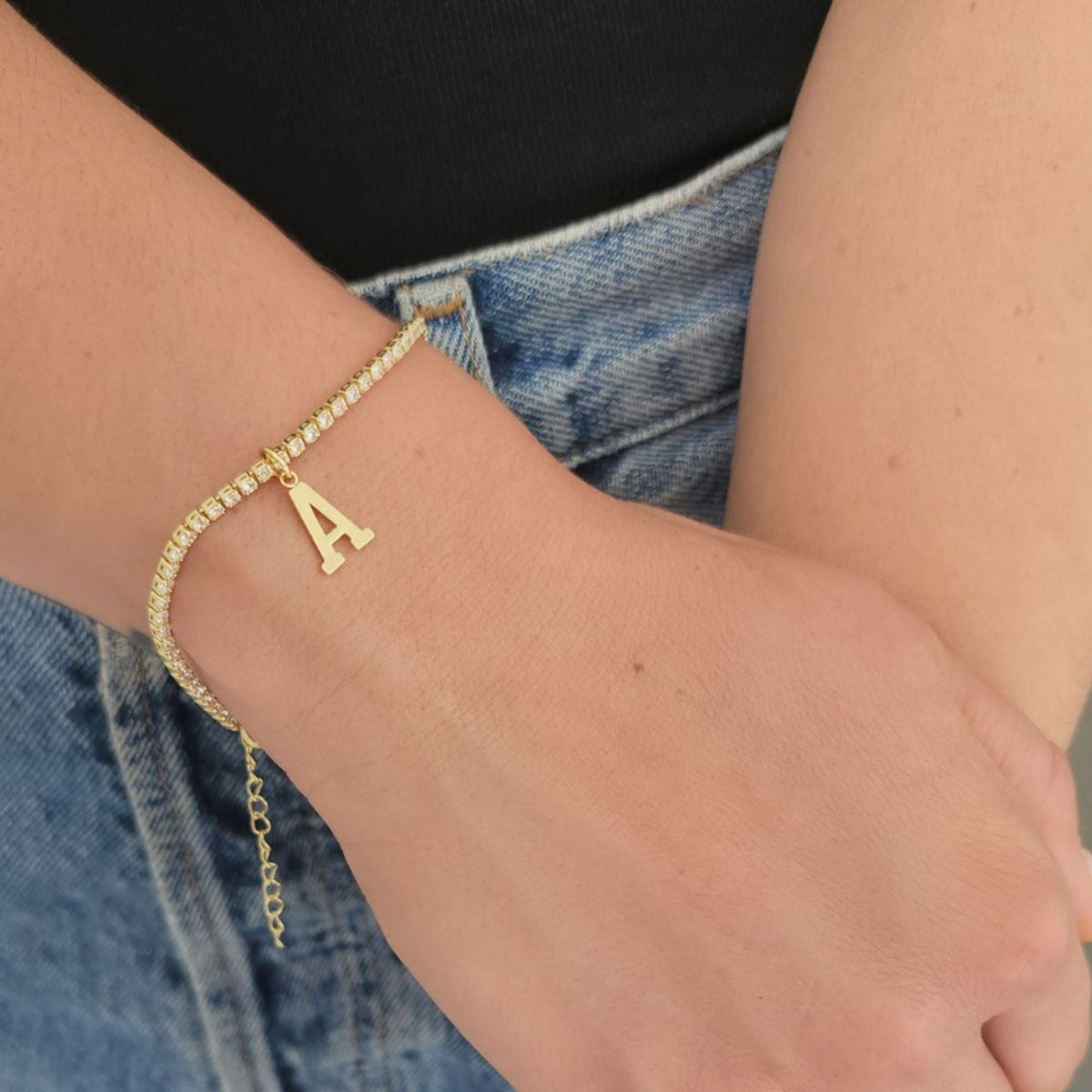 14k Gold Plated Tennis Bracelet with Initial Charm