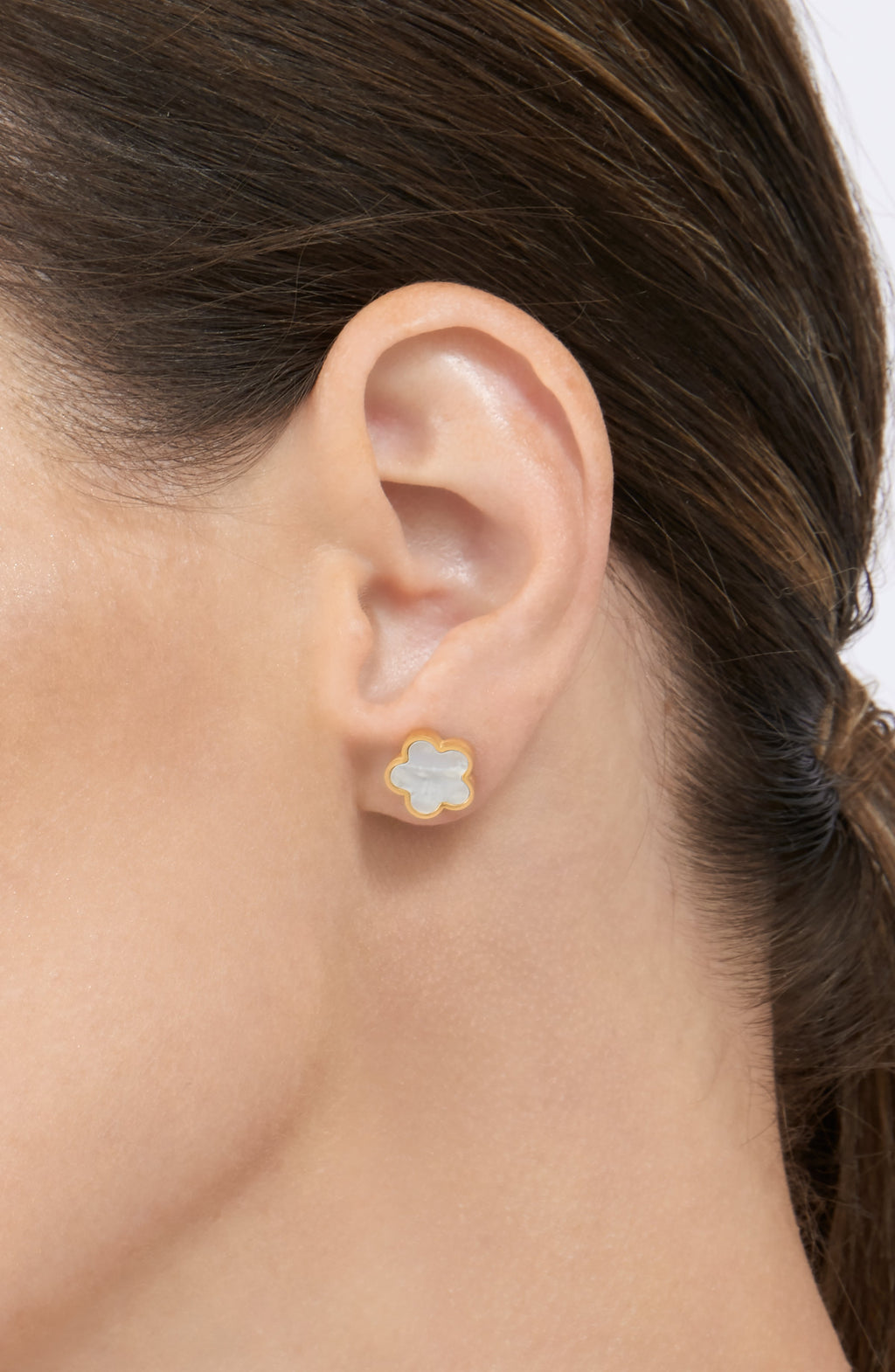 Adornia White Mother of Pearl Clover Stud Earrings gold