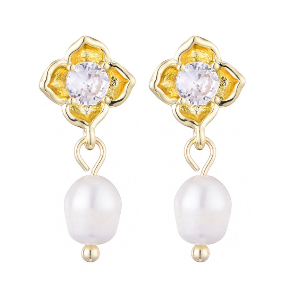 14k Gold Plated Freshwater Pearl Crystal Flower Earrings