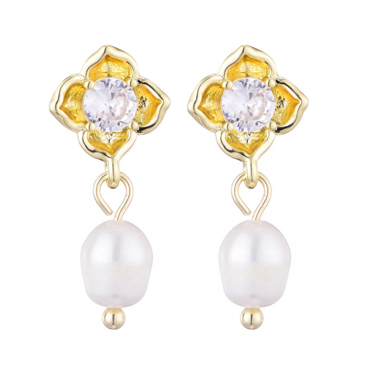 14k Gold Plated Freshwater Pearl Crystal Flower Earrings
