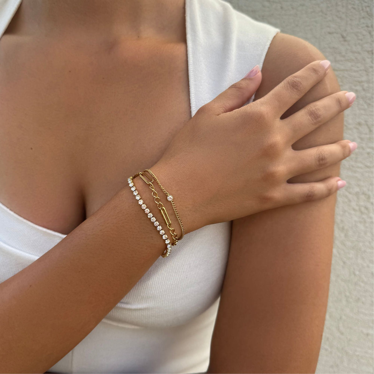 Tarnish Resistant 18k Gold Plated Layered Crystal Tennis 3-Chain Bracelet