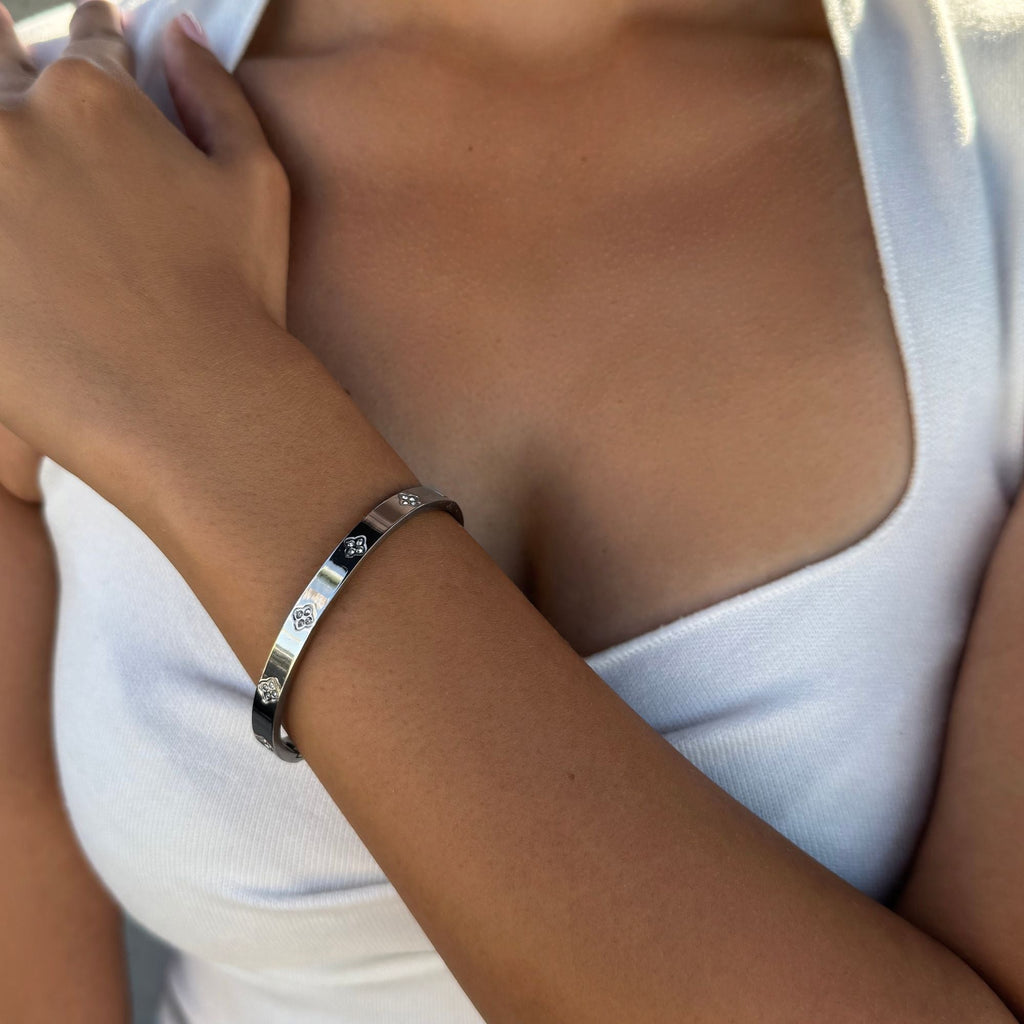 Tarnish Resistant Silver Plated Pave Clover Cuff