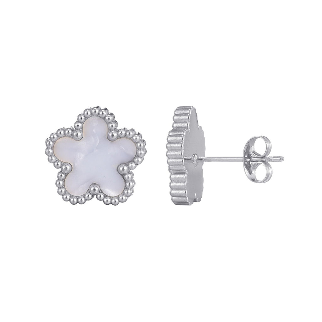 Tarnish Resistant Silver Plated Mother of Pearl 5-Leaf Clover Stud Earrings