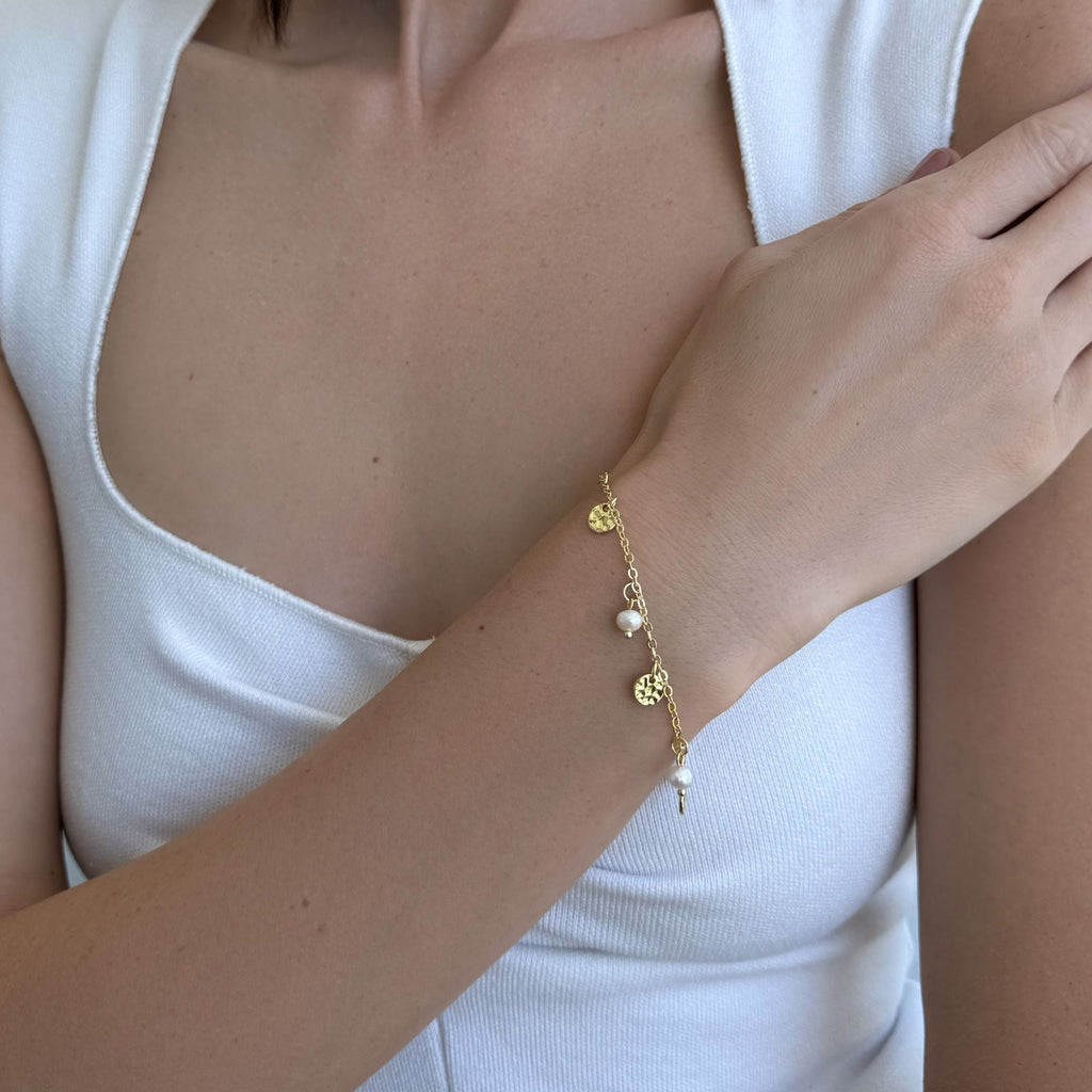 14k Gold Plated Freshwater Pearl and Coin Charm Bracelet