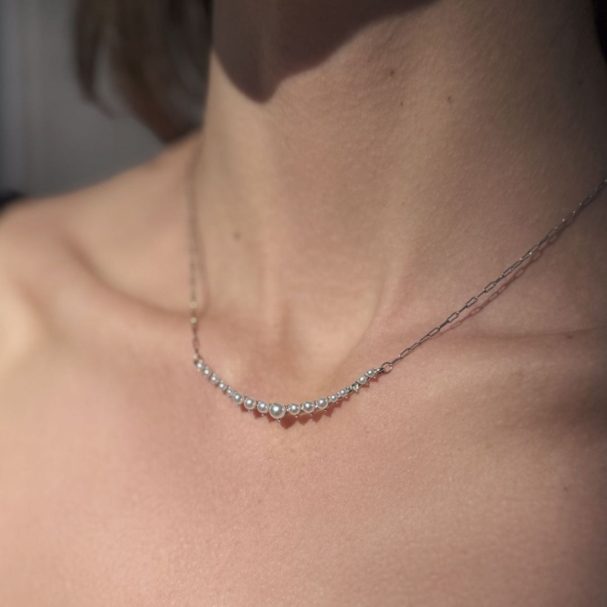 Silver Plated Pearl Curved Bar Necklace