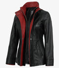 Erin Women's Black Leather Jacket with Red Inner Lapel