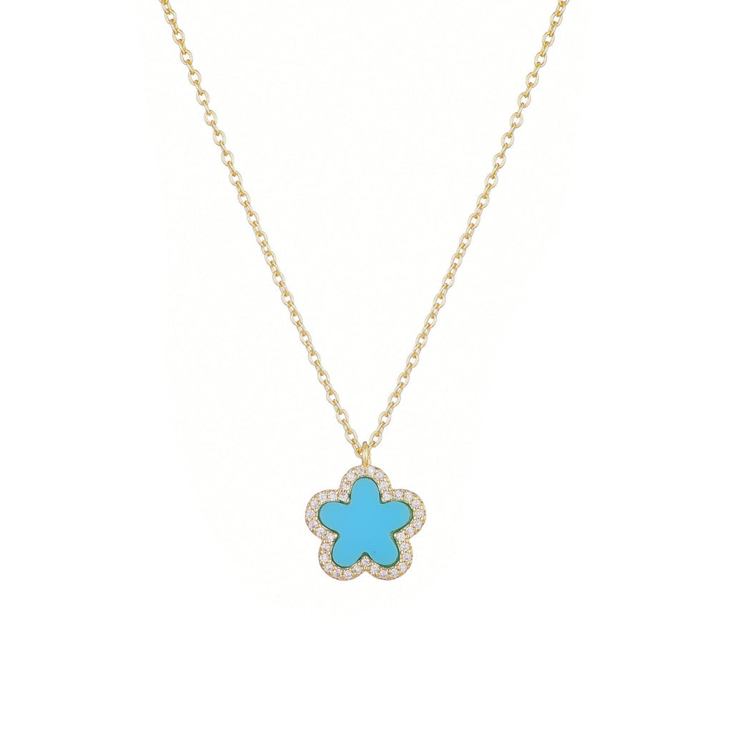 14k Gold Plated Turquoise CZ Halo 5-Leaf Clover Necklace
