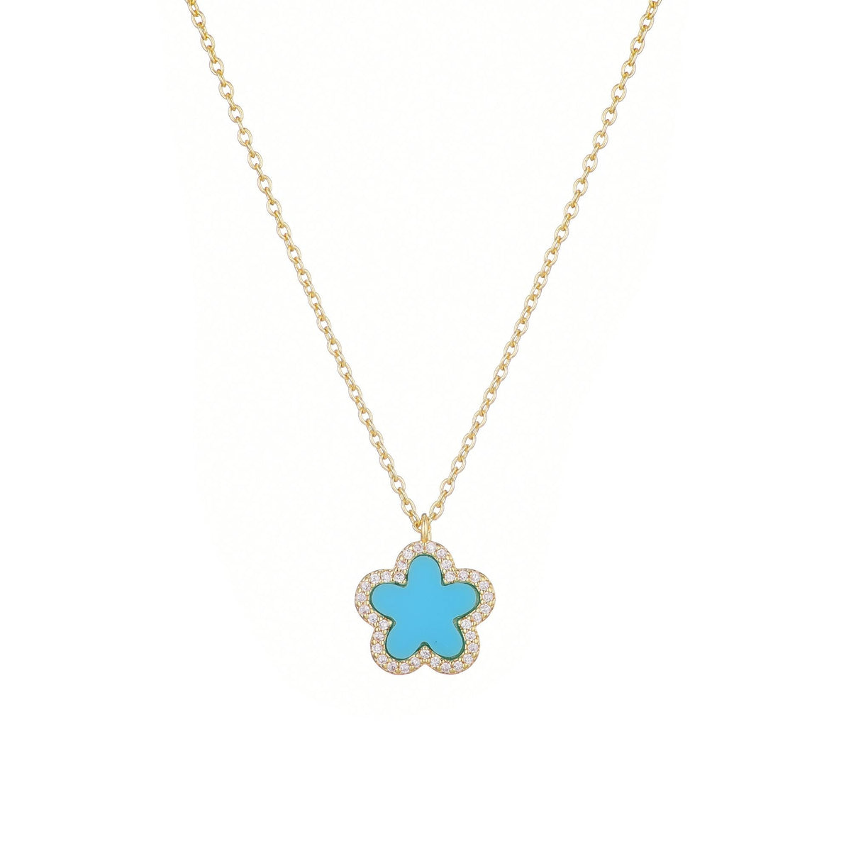 14k Gold Plated Turquoise CZ Halo 5-Leaf Clover Necklace