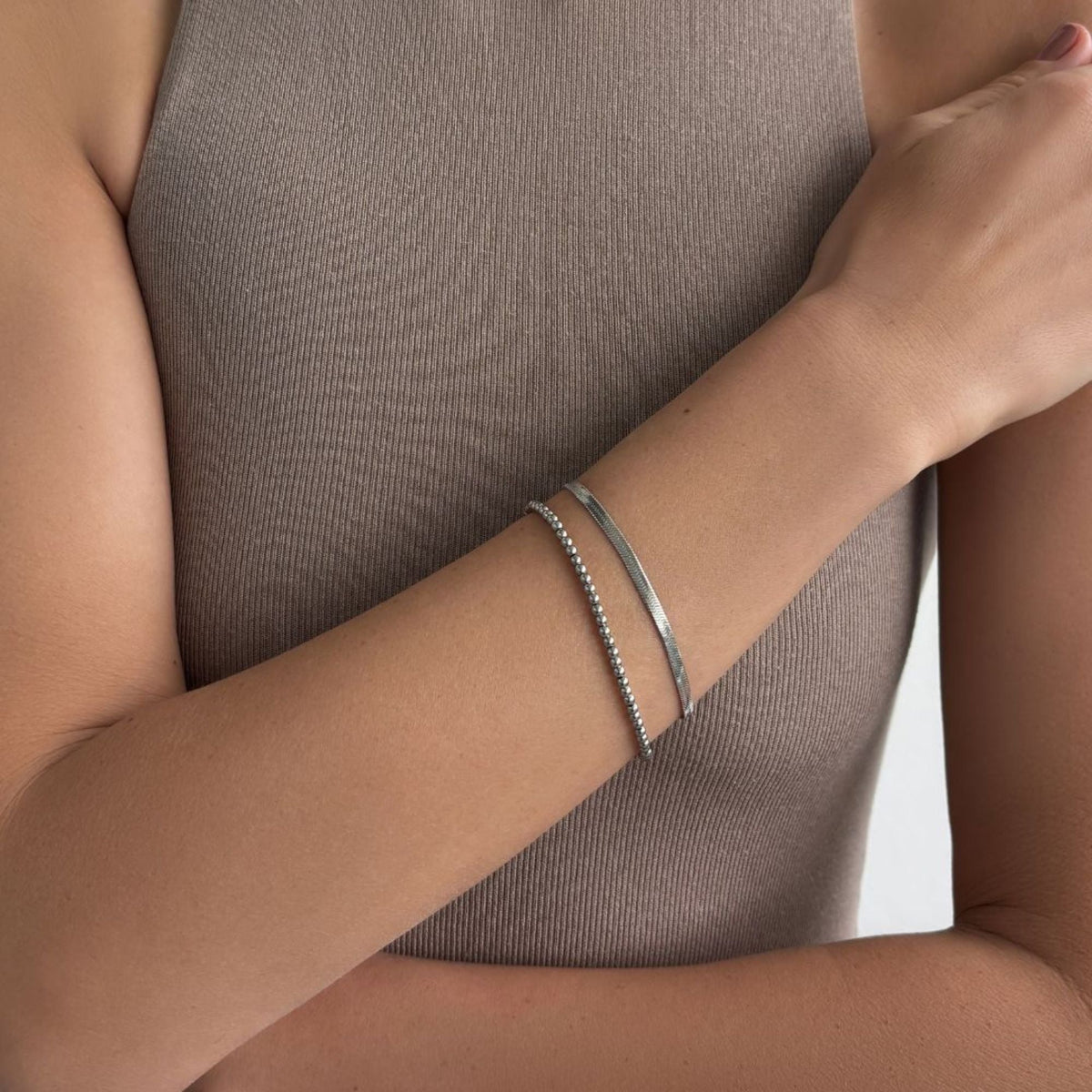 Tarnish Resistant Silver Herringbone and Beaded Bracelet Set