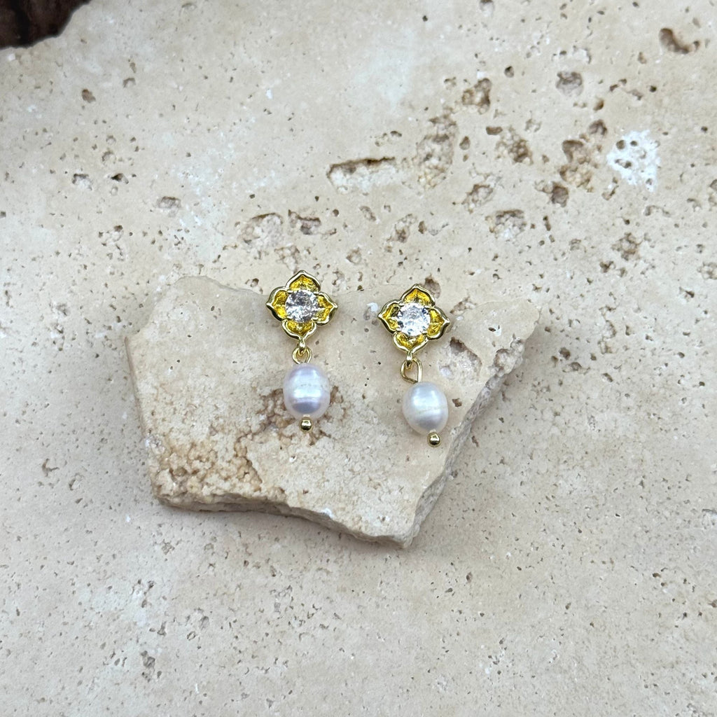 14k Gold Plated Freshwater Pearl Crystal Flower Earrings