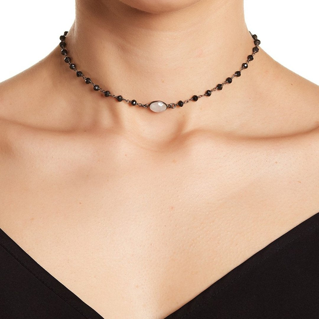 Adornia  3mm Black Spinel Choker Necklace Moonstone silver