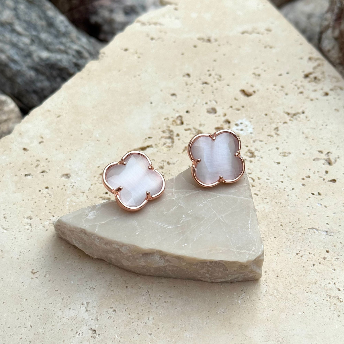 14k Rose Gold Plated Clover Stone Stud Earrings