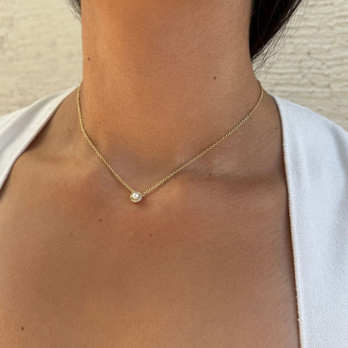 14k Gold Plated Freshwater Pearl CZ Halo Necklace