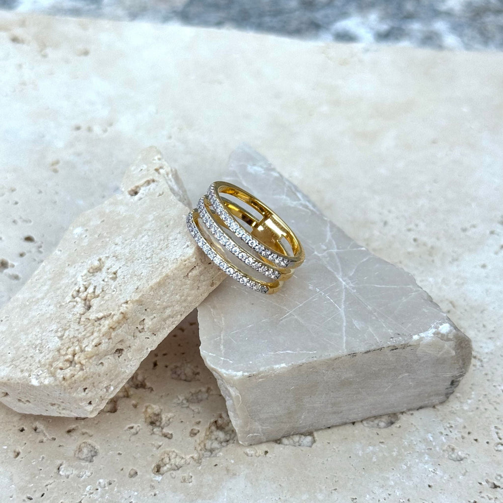 14k Gold Plated CZ Triple Band Ring