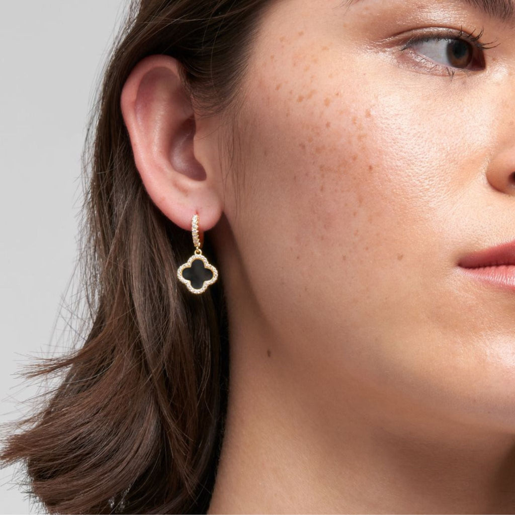 14k Gold Plated Crystal Halo Black Clover Dangle Huggie Earrings