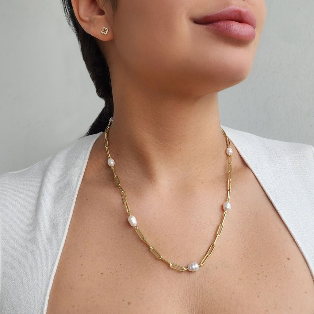 14k Gold Plated Freshwater Pearl Station Paper Clip Chain Necklace
