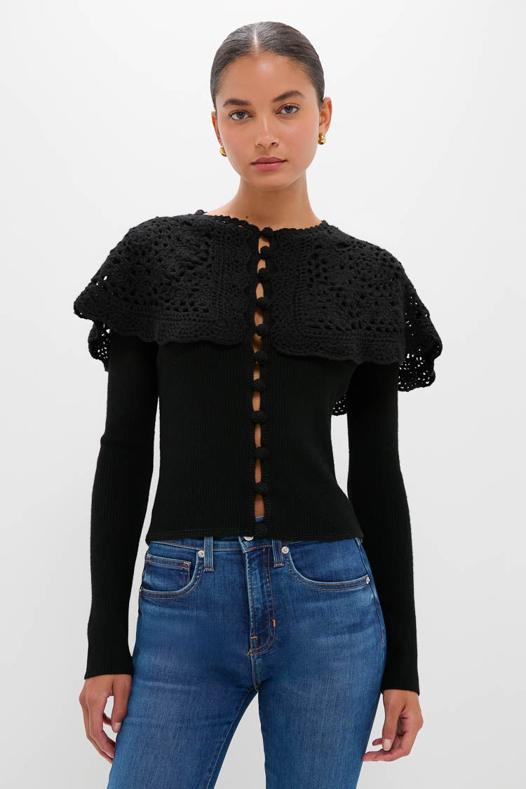 Black Nara Crochet Long Sleeve Cardigan With Capelet