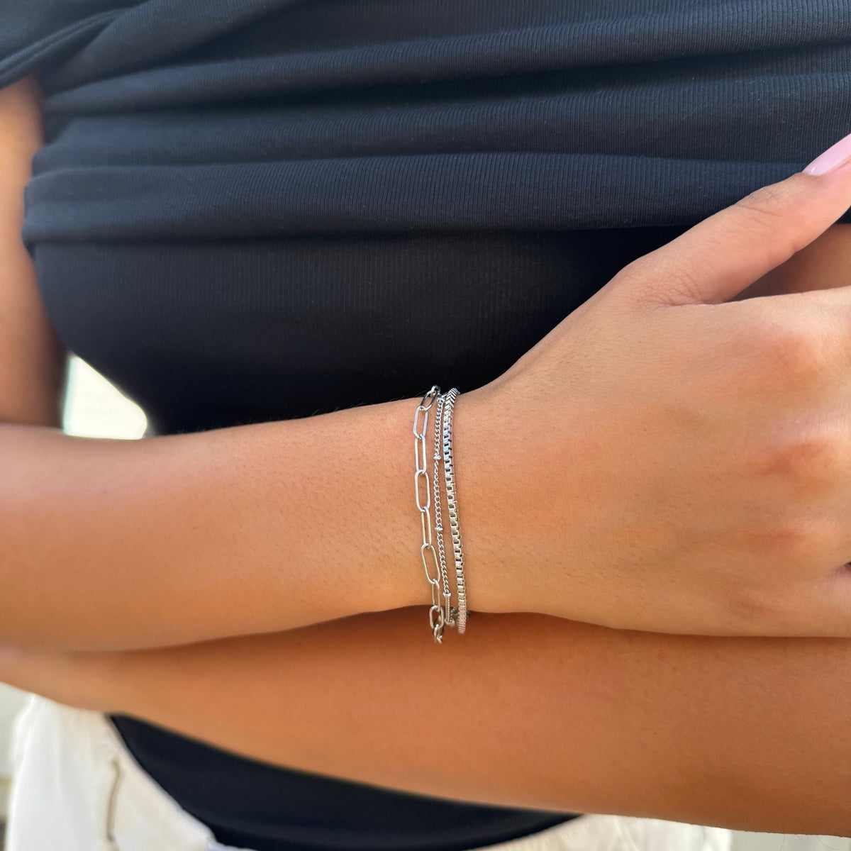 Tarnish Resistant Silver 3-Chain Bracelet Set
