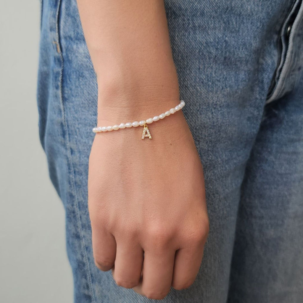 14k Gold Plated Freshwater Pearl with Pave Letter Bracelet