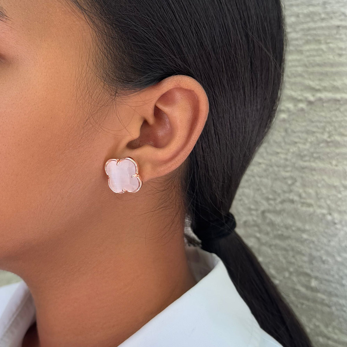 14k Rose Gold Plated Clover Stone Stud Earrings