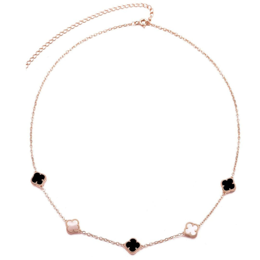 14k Rose Gold Plated Mixed Black and White Clover Station Necklace