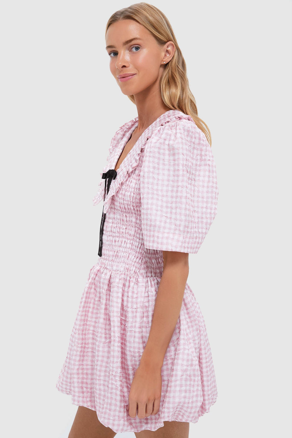 Bleached Mauve Shibori Pleat Mini Smock Bubble Dress