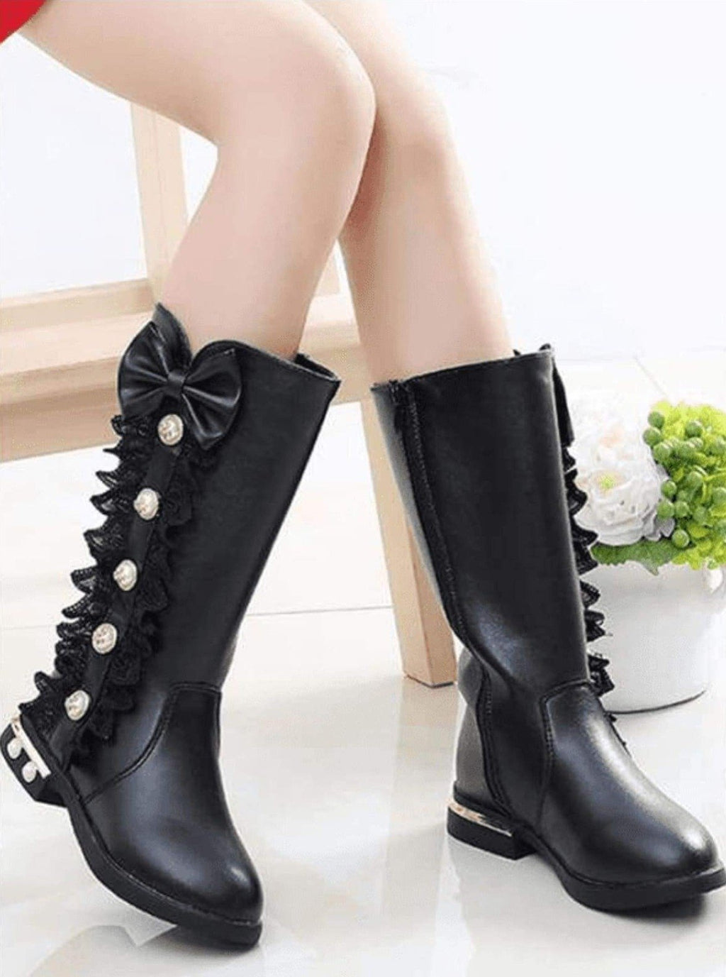 Black Pearl & Lace Bow Boots