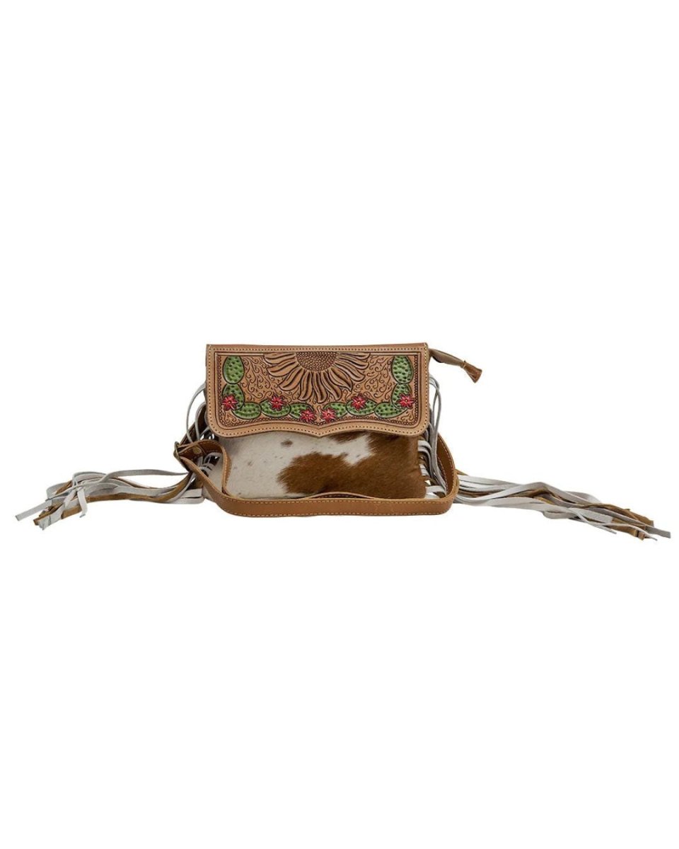 Glossy Moss Hand-Tooled Hair-On Crossbody Bag by Myra Bag
