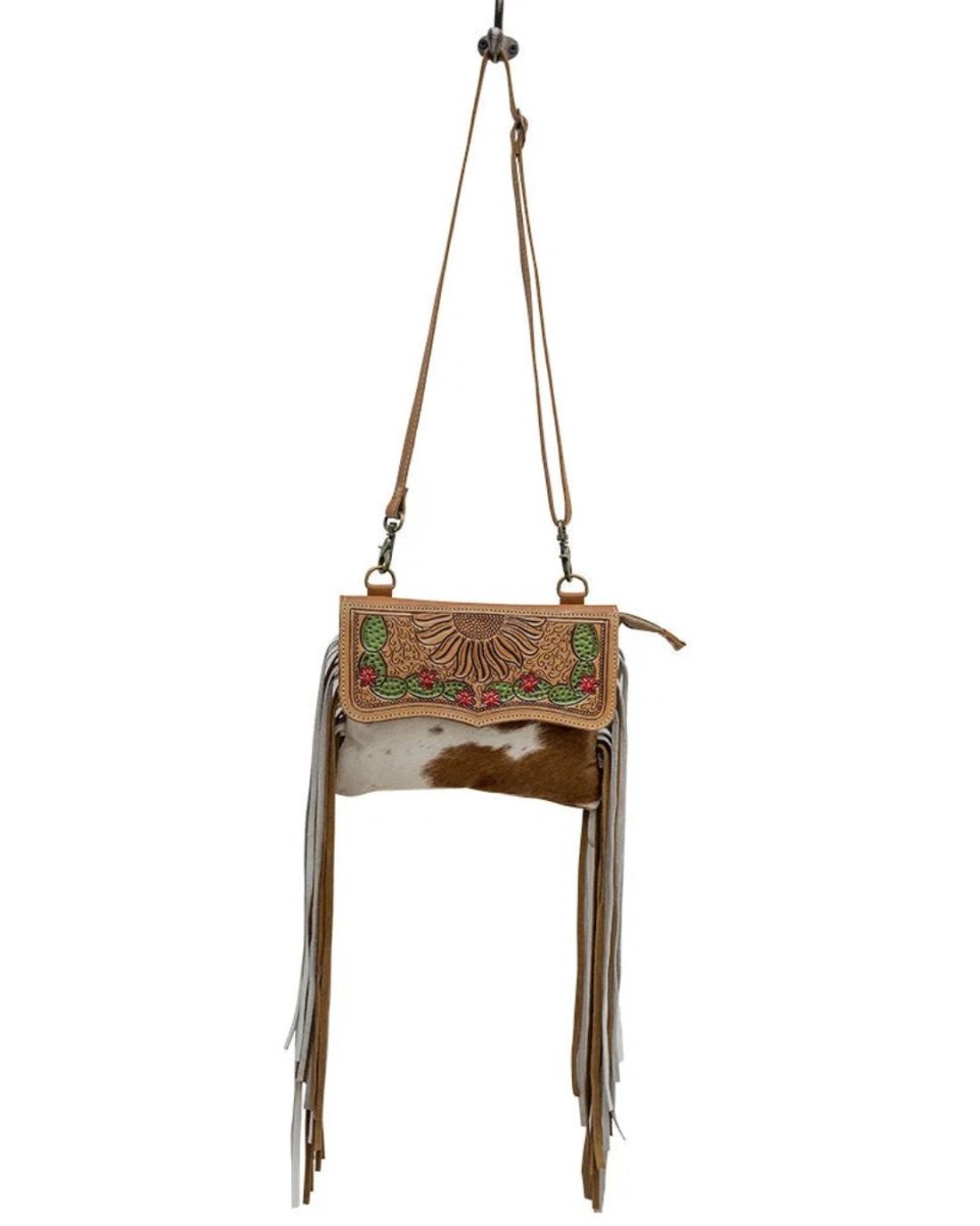 Glossy Moss Hand-Tooled Hair-On Crossbody Bag by Myra Bag