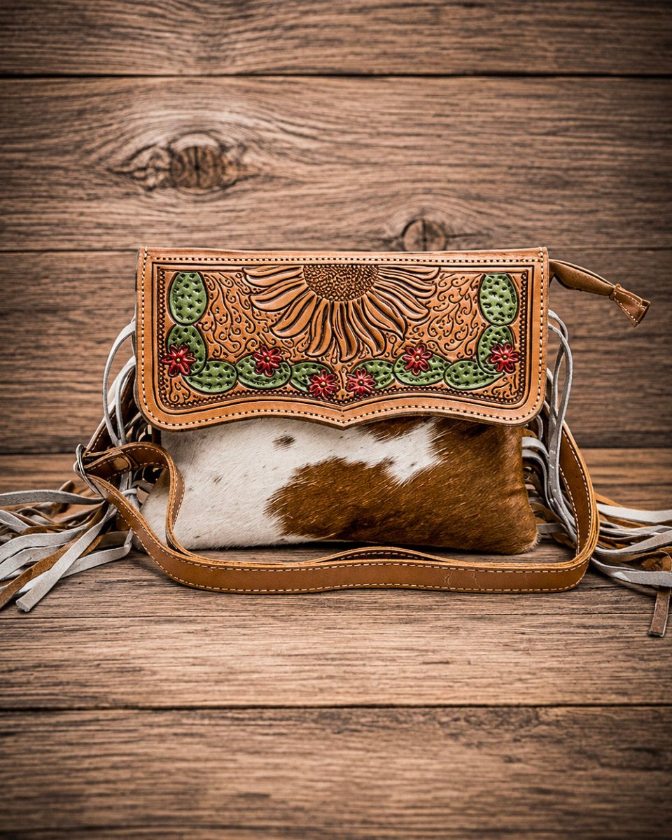 Glossy Moss Hand-Tooled Hair-On Crossbody Bag by Myra Bag
