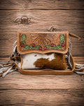Glossy Moss Hand-Tooled Hair-On Crossbody Bag by Myra Bag