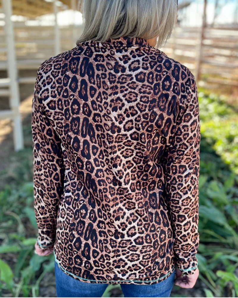 Hear Me Roar Leopard Pullover with Turquoise Zip by Sterling Kreek