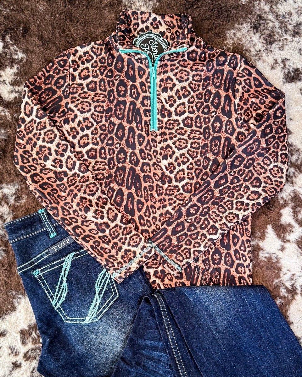 Hear Me Roar Leopard Pullover with Turquoise Zip by Sterling Kreek