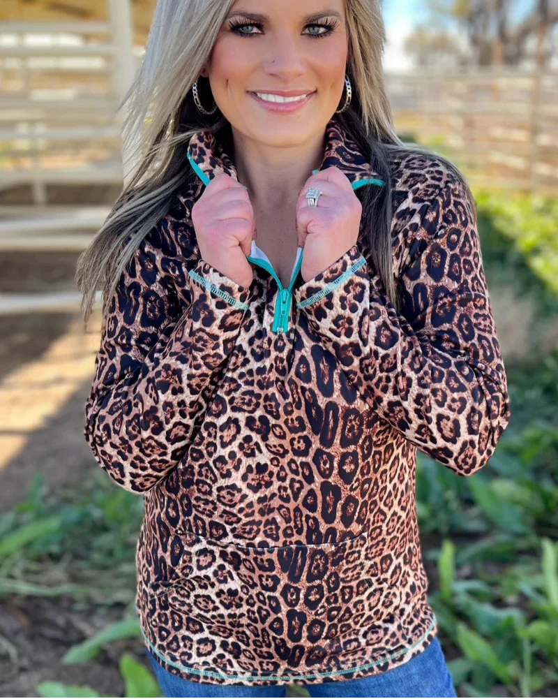 Hear Me Roar Leopard Pullover with Turquoise Zip by Sterling Kreek