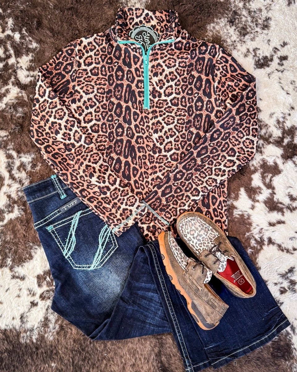 Hear Me Roar Leopard Pullover with Turquoise Zip by Sterling Kreek