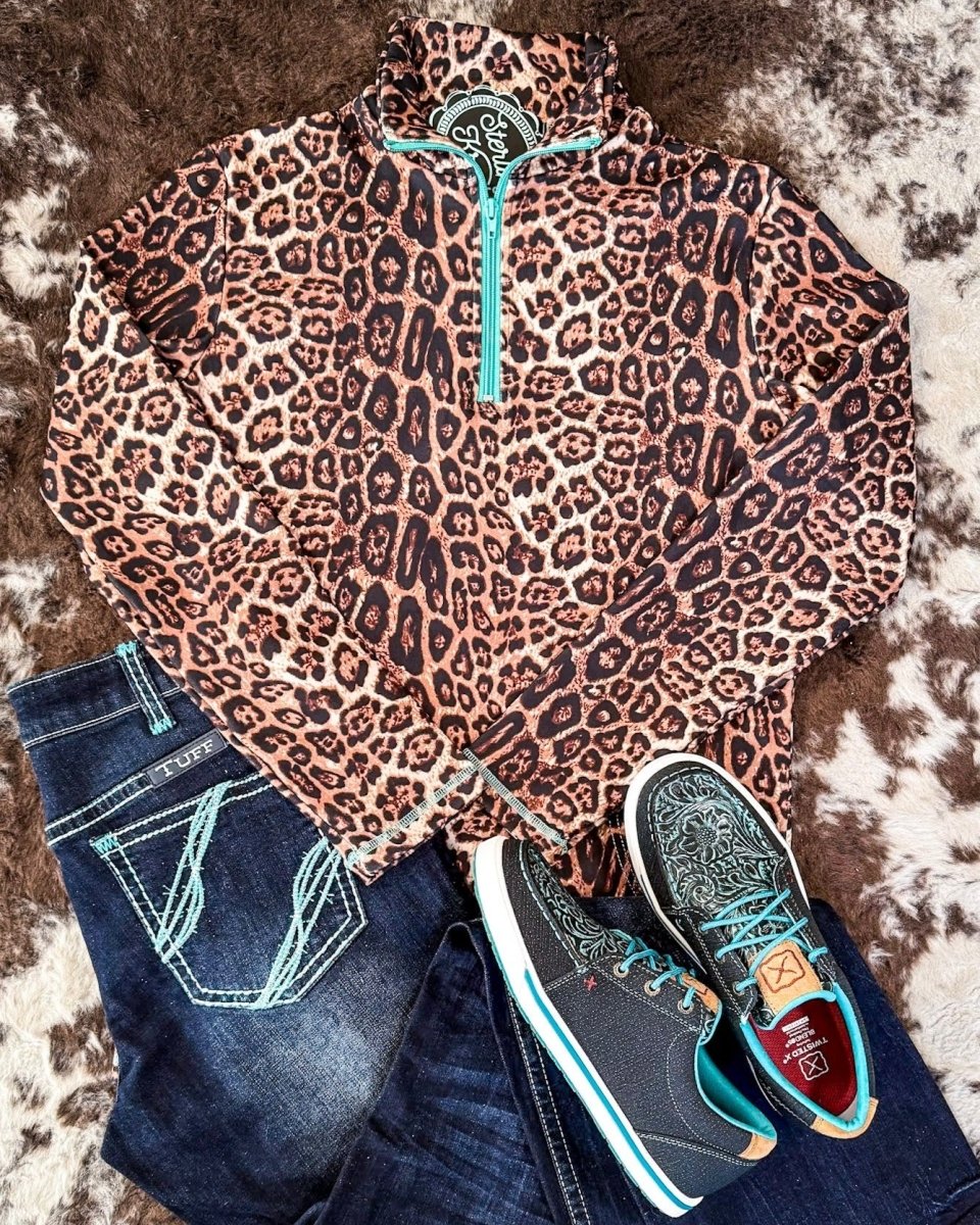 Hear Me Roar Leopard Pullover with Turquoise Zip by Sterling Kreek