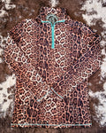Hear Me Roar Leopard Pullover with Turquoise Zip by Sterling Kreek